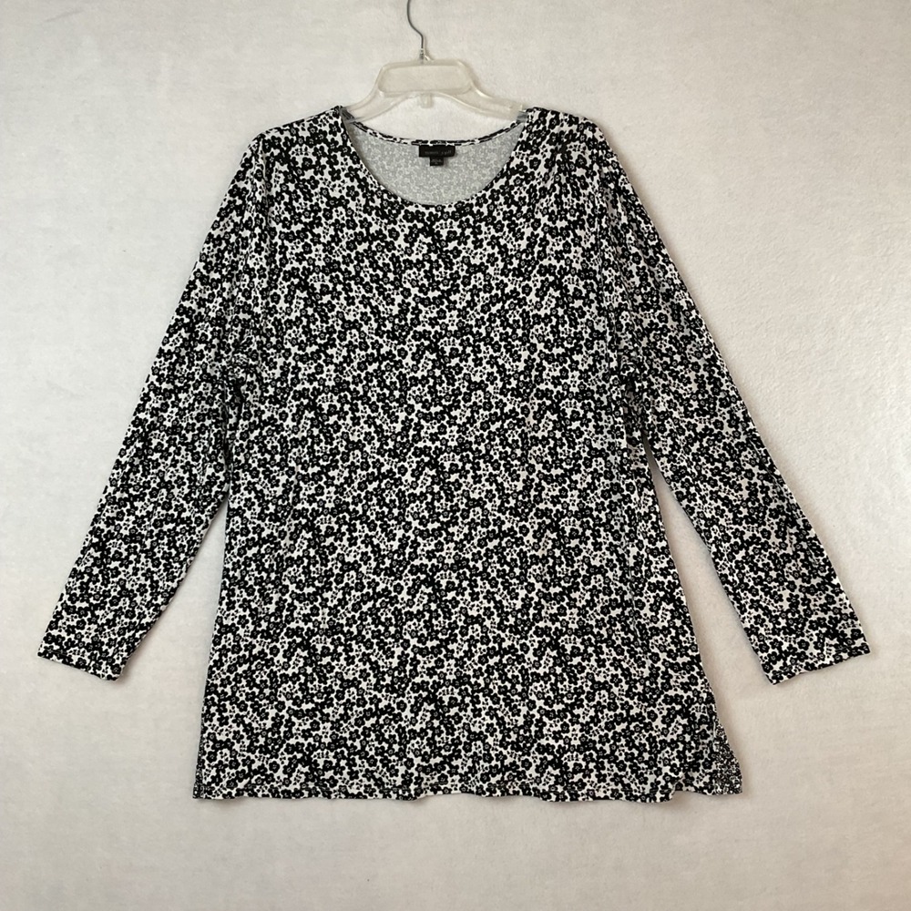J. Jill Wearever Black White Floral Tunic Top XL Long Sleeve Stretch Knit